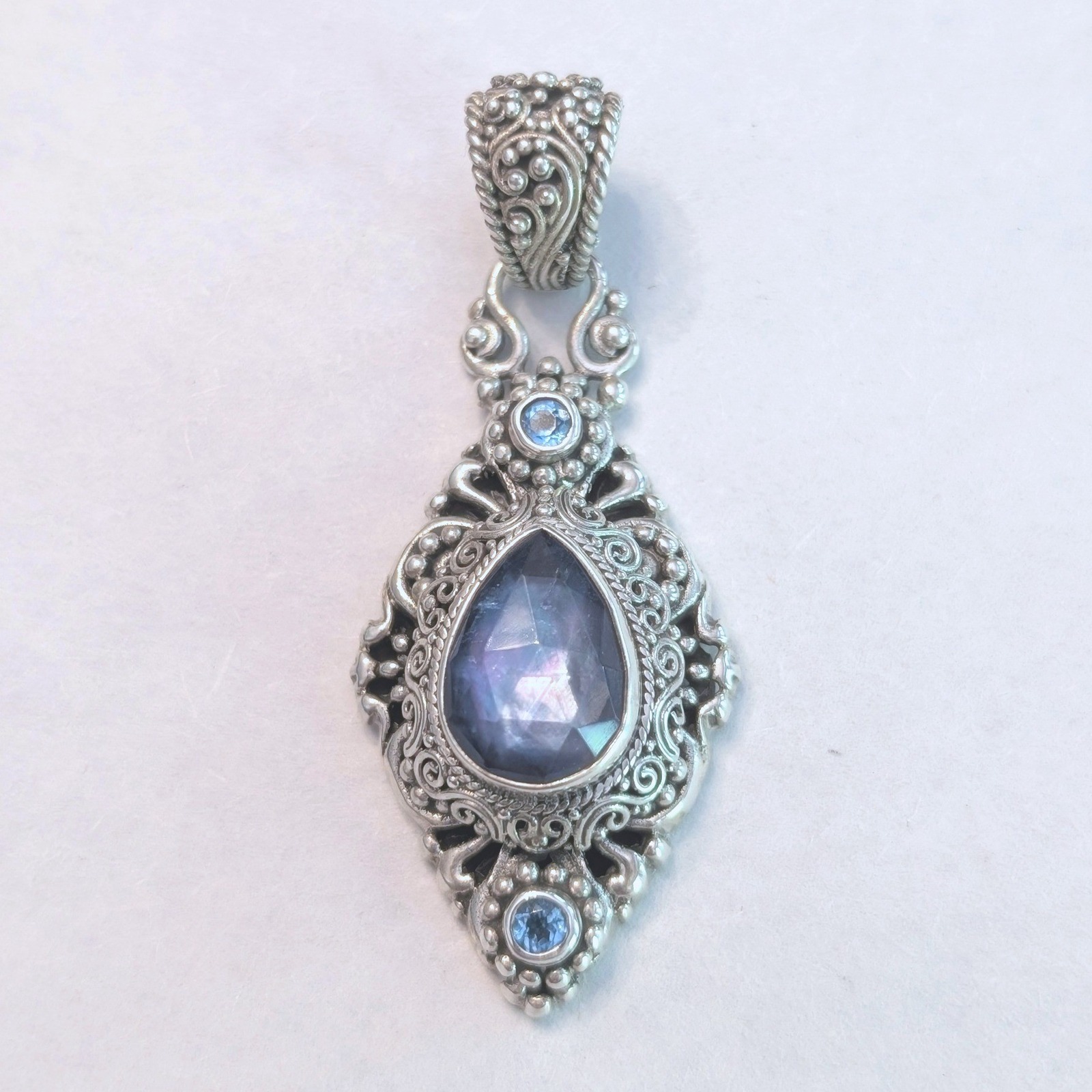 Sarda Sterling Silver 925 Ornate Blue Teardrop Artisan Filigree Pendant 12g